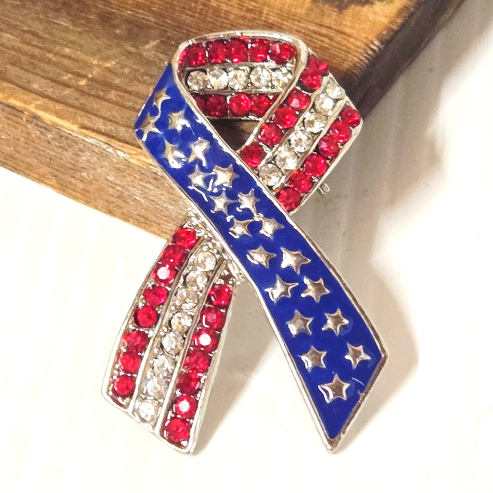 Patriotic Vintage Ribbon Brooch with Stars Rhinestone And Enamel